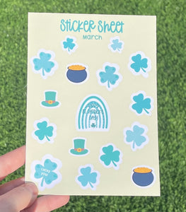 March Sticker Sheet St. Patrick's Day Theme Clovers Pot of Gold Stickers Holiday Set Kiss Cut Out Easy Peel